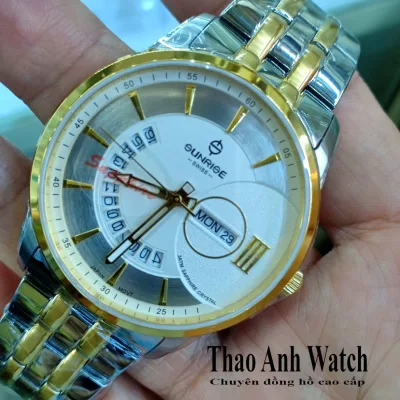 Đồng hồ nam SUNRISE 1130SA dây Demi mặt trắng, kính sapphire chống xước, chống nước tốt, có lịch thứ ngày