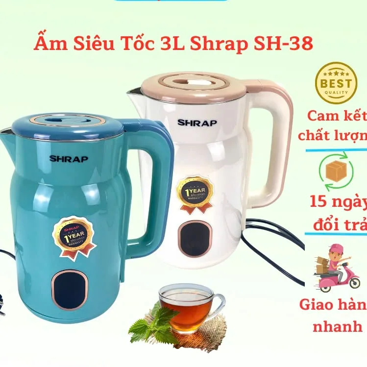 ẤM ĐUN NƯỚC SIÊU TỐC SHRAP SH-38 DUNG TÍCH 3 LÍT CÔNG SUẤT 1500W 2 LỚP CÁCH NHIỆT LÕI INOX 304 GIỮ NHIỆT CAO CẤP