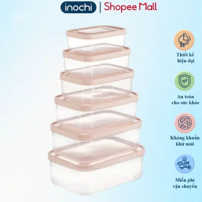 Bộ 6 hộp chữ nhật Inochi, nhựa PP, chịu nhiệt 140°C,không bám mùi, đựng cơm văn phòng