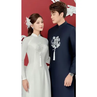 Áo dài nam xanh đen hoa văn