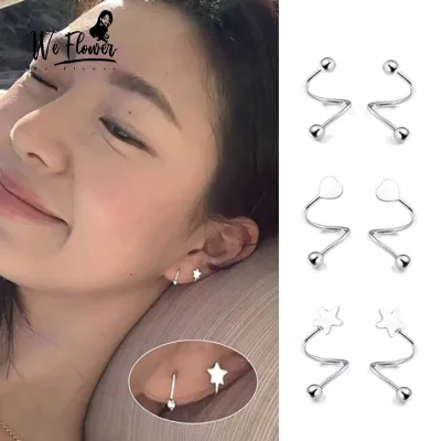 WeFlower Bông tai nhỏ hình sao và trái tim làm từ bạc 925 Hàn Quốc, kiểu vít xoắn, dành cho phụ nữ, trang sức đính tai, phù hợp để đeo hàng ngày, món quà trang sức