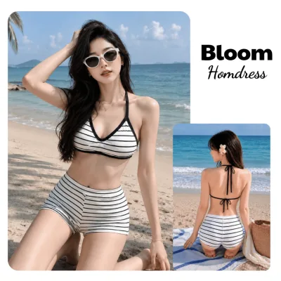 Set Bikini Sọc Kẻ Ngang Áo 2 Mảnh Cổ Yếm Và Quần Short Thiết Kế Ôm Body Chất Thun Tăm Co Giãn, Set Đi Biển Nữ - BH003