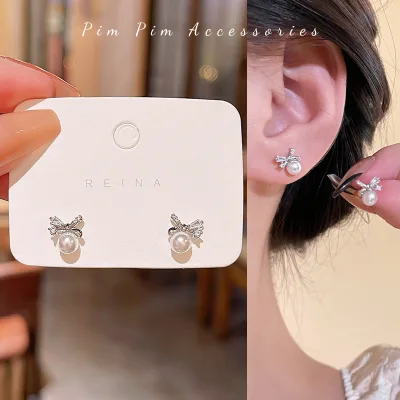 Khuyên Tai Nữ Thiết Kế Nơ Đính Hạt Ngọc Trai Giả Phụ Kiện Trang Sức Mạ Bạc - Bông Tai Dễ Thương