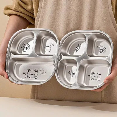 Tặng Kèm Thìa Khay Ăn Dặm 3-4 Ngăn Cho Bé Tập Ăn, Khăn Ăn Dặm Họa Tiết Kapibala Inox 304 Cho Trẻ