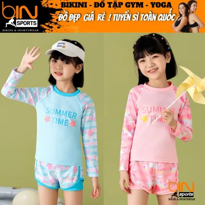 Đồ bơi bé gái 2 mảnh quần đùi 2 lớp áo phủ bụng dài tay kín đáo đáng yêu đủ size từ 20kg đến 28kg BINSPORTS BB111