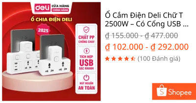 Ổ Cắm Điện Deli Chữ T 2500W – Có Cổng USB & Type-C PD20W Sạc Nhanh, Đa Dụng Cho Mọi Thiết Bị
