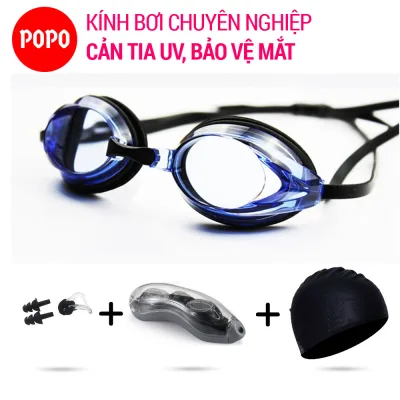 Kính bơi chuyên nghiệp 1154 mắt trong, mũ bơi trơn, bịt tai kẹp mũi POPO Collection