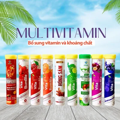 Viên sủi Multivitamin C giải nhiệt tăng đề kháng thanh nhiệt mát gan vị cam chanh dây việt quất dâu dứa tăng lực xê xủi