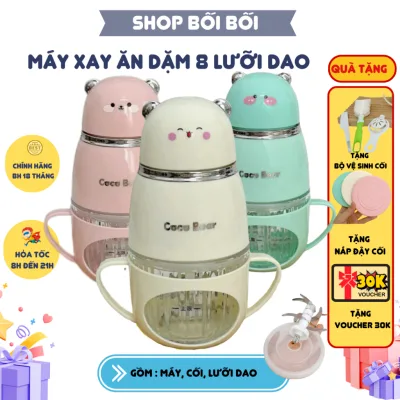 Máy Xay Ăn Dặm Coco Bear, hattiecs, babyboo Mèo Mimi Bản Pro Có Tay Cầm - Cối Thủy Tinh 300ML, 8 Lưỡi Dao Inox