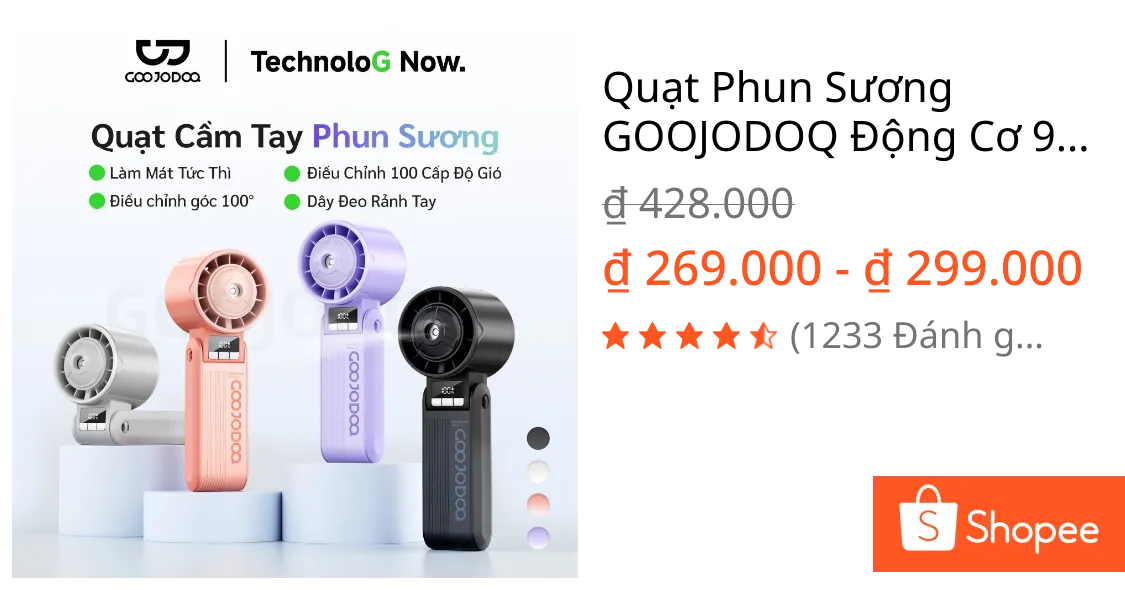 Quạt Phun Sương GOOJODOQ Động Cơ 9526 RPM, Gió Mạnh 8.6m/s, 100 Tốc Độ, Phun Sương Dưỡng Ẩm, Pin 3600mAh Dùng 11.5 Giờ