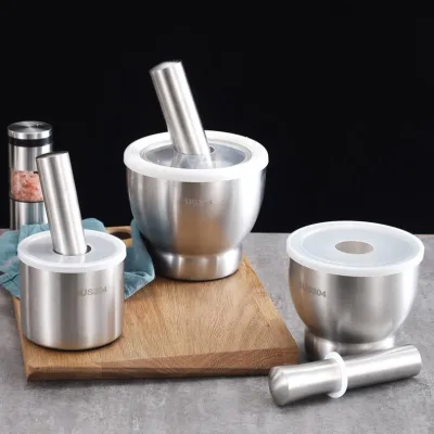 304 Stainless Steel Pestle and Mortar Set with Lid, Extremely Smooth Pestle for Crushing Pepper, Garlic, Chili, Spices, Durable, Beautiful, Easy to Clean
