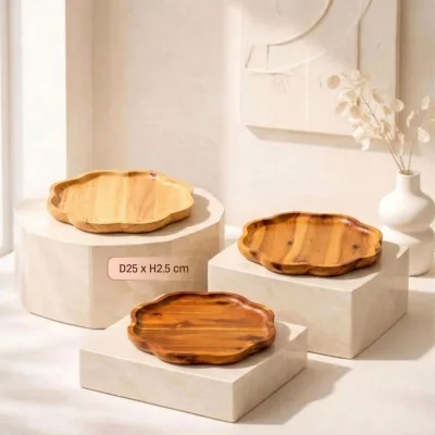 Đĩa hoa gỗ tự nhiên lượn sóng phong cách Pháp cổ điển - Đựng bánh kẹo Tết, thực phẩm, đồ ăn vặt ngon, trái cây sấy