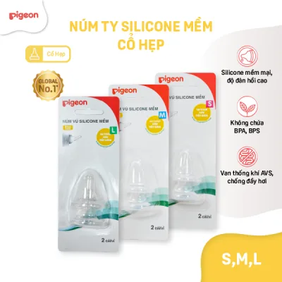 Núm ti Pigeon cổ hẹp mềm đàn hồi chống đầy hơi sặc sữa cho bình sữa chính hãng - núm ty (2 cái/vỉ)