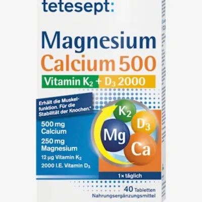 Viên uống Magnesium Calcium 500 Vitamin K2 + D3 2000 tetesept - Duy trì chức năng cơ, giúp xương ổn định - Hộp 40Viên
