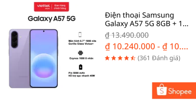 Điện thoại Samsung Galaxy A57 5G 8GB + 128GB Chính hãng | Exynos 1680 | Pin 5000 mAh | NFC