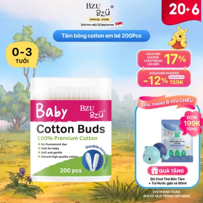 Tăm Bông Em Bé BZU BZU Cotton Buds Thiết Kế Mềm Mại Nhẹ Nhàng, An Toàn Cho Bé Hộp 200 Cái