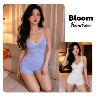 Set bộ đùi áo 2 dây cổ tim viền ren có mút mềm và quần mini ôm body chất gân cotton lụa | BLOOM.HOMDRESS - BH021