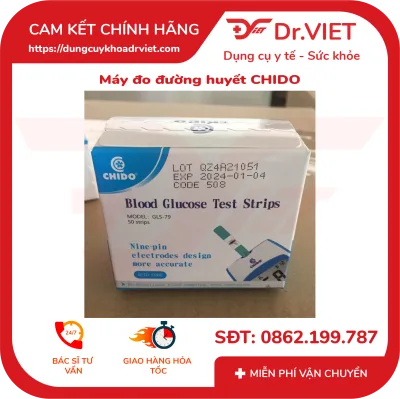 Máy đo đường huyết Chido thiết bị y tế được sử dụng để đo nồng độ đường glucose. Hầu hết các máy đo đường huyết hiện nay đều kiểm tra thông qua que thử/ DR VIET