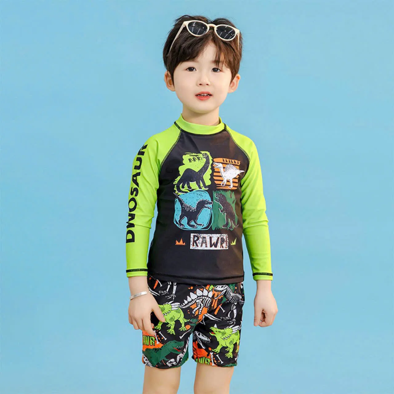 Đồ bơi bé trai dài tay 2 mảnh họa tiết khủng long,Bộ đồ tắm,đồ đi biển cho bé trai 10-45kg