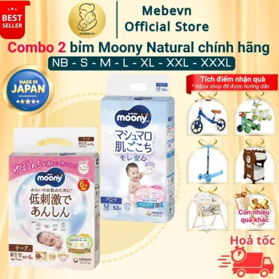 Combo 2 bỉm moony trắng, bỉm moony natural chính hãng Dán/Quần đủ size NB62/S58/M46/L36/XL32