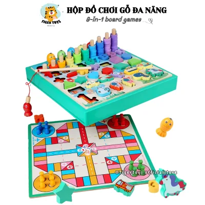 Đồ chơi thông minh cho bé, board game hộp đồ chơi gỗ đa năng 9 trong 1, hộp nhựa ABS, mảnh ghép gỗ nguyên khối TIGERTOYS