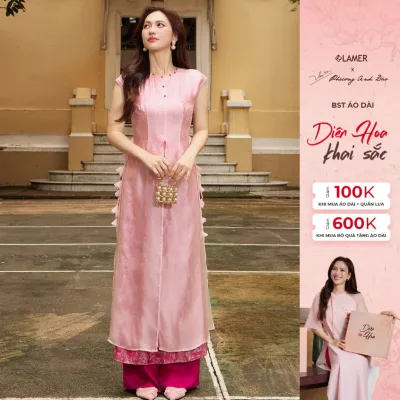 Áo Dài Cách Tân Phúc Hoa Dáng Ôm Vai Chờm 5 Եà Cổ Tròn LAMER S61A25Q013