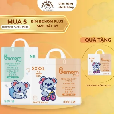 5 Bịch Tã Bỉm Bemom Plus - Tặng 1 Bịch Bỉm Cùng Loại - Tã Dán Tã Quần Bemom Plus Full Size