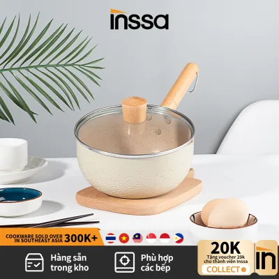 INSSA Nồi tuyết 18 / 20cm, nồi nấu Nhật, nồi sữa, nồi thức ăn dặm cho bé, dùng được cho 2-3 người, nồi chống dính tay cầm vân gỗ, nồi nấu có nắp đậy GUOJ020