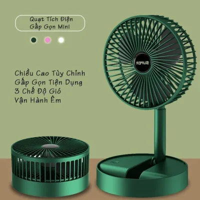 Quạt Tích Điện SUPER Gấp Gọn, Quạt Mini Để Bàn Xoay 180 Độ, 3 Tốc Độ Gió, Cổng Sạc USB