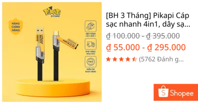 [BH 3 Tháng] Pikapi Cáp sạc nhanh 4in1, dây sạc 4 đầu, bọc dù: C to L 27W, C to C 60W, copy file