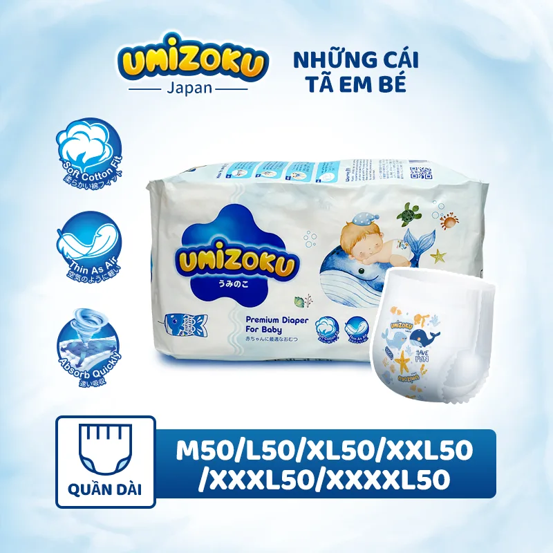 Tã UMIZOKU 100 Miếng Tã Cho Bé Unisex Tã Mỏng Khô Thoáng Khí Mọi Kích Cỡ