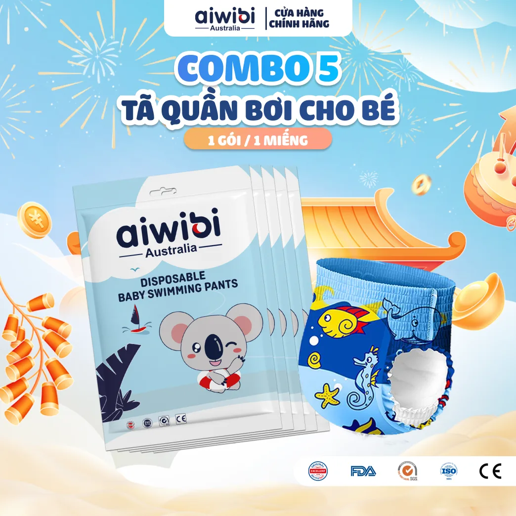 [Combo 5] Tã/Bỉm Quần Bơi Cao Cấp Aiwibi 1 Miếng/Gói, Nhiều Size M/L/XL/XXL/XXXL