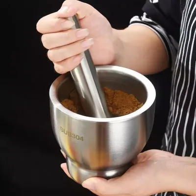 Super Beautiful Thick Stainless Steel Mortar and Pestle Set with Anti-Splash Plastic Lid in Many Sizes for the Kitchen (Tv658)