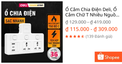 Ổ Cắm Chia Điện Deli, Ổ Cắm Chữ T Nhiều Nguồn Sạc Nhanh PD 20W Chân Cắm Tiêu Chuẩn Châu Âu