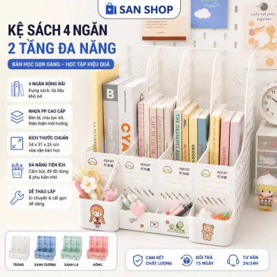 Kệ Sách 4 Ngăn 2 Tầng Để Bàn Học Làm Việc Đựng Vở Tài Liệu A4 Decor Văn Phòng Sanshop