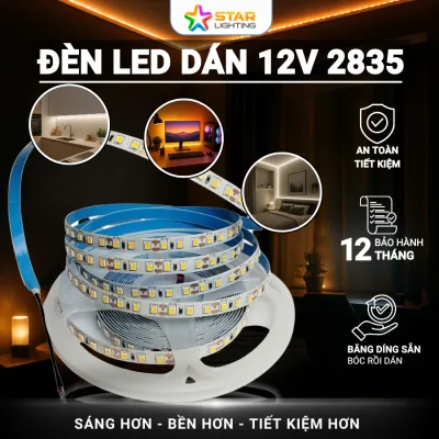 Dây đèn led dán 12V-2835-120/180/240 mắt led, cuộn 5m-Trang trí nội thất (Trắng, vàng, trung tính)