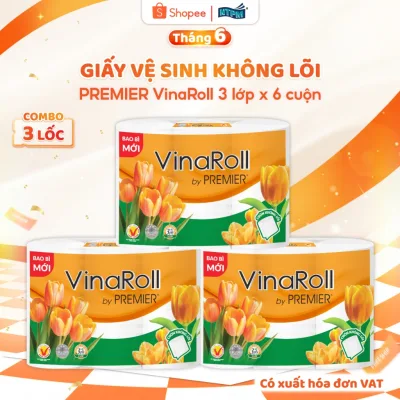 Giấy vệ sinh PREMIER VinaRoll không lõi, 3 lớp - 100% bột giấy nguyên sinh, không chất tẩy, 6 cuộn/lốc - C