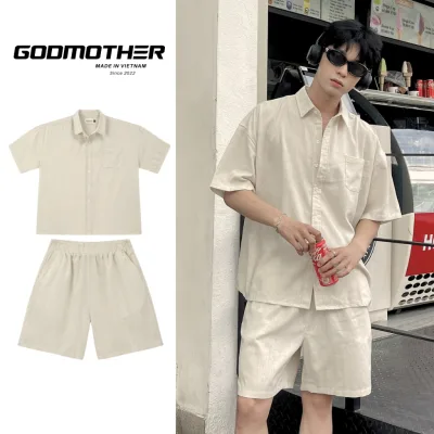 Đồ Bộ Nam GODMOTHER Set Đũi Nam (Áo + Quần) Áo Sơ Mi Đũi Cộc Tay Đi Biển Mùa Hè Cao Cấp