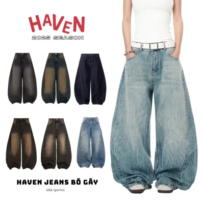 Quần jeans baggy nam nữ Haven Studio ống cong form rộng màu xanh, đen, nâu hiệu ứng bó gãy
