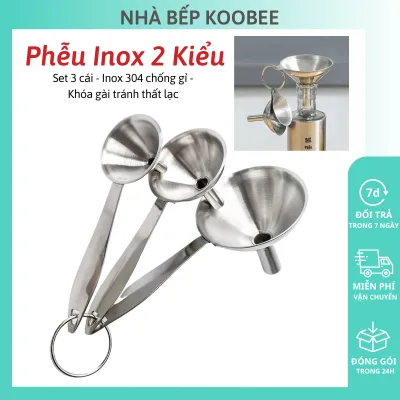 Bộ 3 phễu Inox 304 không gỉ chịu nhiệt cao cấp - Phễu rót dung dịch chất lỏng dầu ăn đa chức năng KOOBEE (NB65)