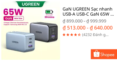 GaN UGREEN Sạc nhanh USB-A USB-C GaN 65W hai cổng thích hợp cho iPhone 16 Pro Max iPhone X 12 13 14 15Pro Max/ Samsung S22 S23/ Xiaomi 13