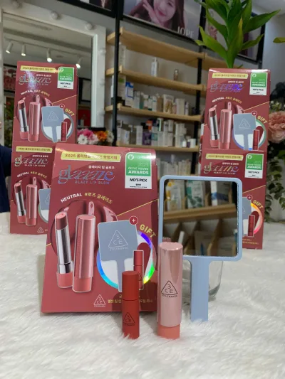 3Ce Glazy Lip Glow Colored Lip Balm Set 3.2g Color 34 Rose Glaze - Dried Pink (Free Mini Lipstick 03 Daffodil + Mirror)