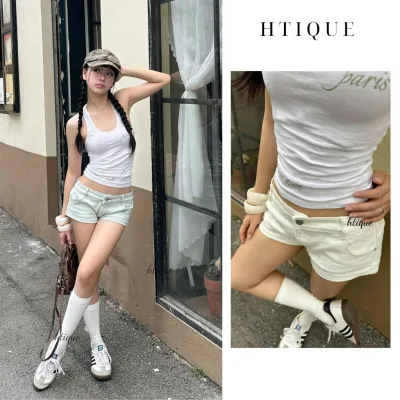 HTIQUE mở bán Quần jean dáng y2k, Quần jean 2 màu cạp thấp tạo độ thắt eo cá tính QB06