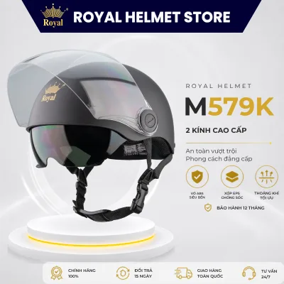 Mũ Bảo Hiểm Nửa Đầu Royal M579K Chính Hãng 2 Kính Nam Nữ, Mũ Bảo Hiểm Royal Kính Âm Dài Có Kính Chắn Gió