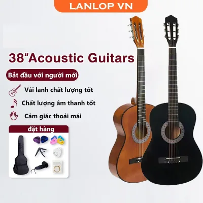 LANLOP đàn guitar acoustic 38 inch Đàn guitar acoustic tác động thấp Tặng Phụ Kiện Bảo Hành 3 Năm Đen