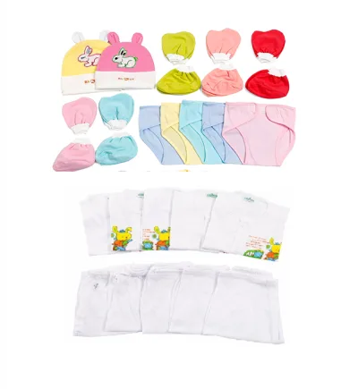 Combo 27 Món Đồ Dùng Cho Bé Sơ Sinh Cao Cấp (5 Áo + 5 Quần + 10 Bao Tay Chân + 2 Nón + 5 Tã)
