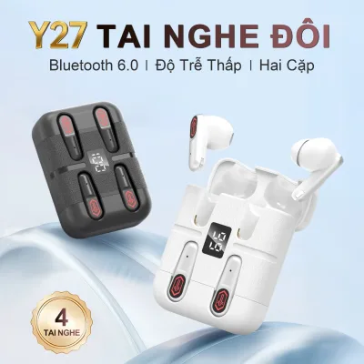 Y27 (2 cặp tai nghe) Tai Nghe Gaming Đôi, 1 Cặp tai nghe nhét tai và 1 Cặp tai nghe bán nhét tai, Đồng bộ âm hình - Độ trễ 0.01s, Nghe nhạc liên tục hơn 30 giờ, Âm thanh nổi cấp độ HiFi, Chống nước IPX5, Giảm tiếng ồn ENC, Với iPhone và Android