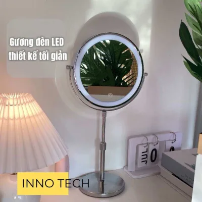 Large Lighted Mirror 18cm Bright Silver Stainless Steel Makeup Mirror Anti-Minimalist, Touch-Sensitive Light Color Adjustment, 1-Sided Mirror with 3 Led Light Colors