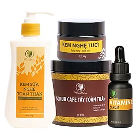 Bộ trắng da mặt và body toàn diện Wonmom ( Serum vitamin C + Kem nghệ tươi + Kem sữa nghệ toàn thân + Scrub café body )