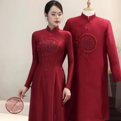 Áo dài cưới, áo dài cô dâu hỷ tròn mẫu mới 2025, Áo dài cặp đôi nam nữ
